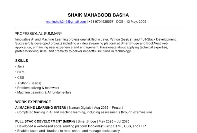 create a professional ats resume for freshers